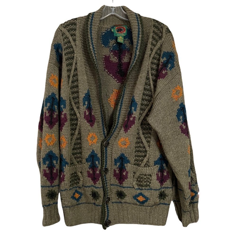 Vintage Boston Traders Hand knit Limited Ed Green Grandpa Cardigan Sweater Sz M